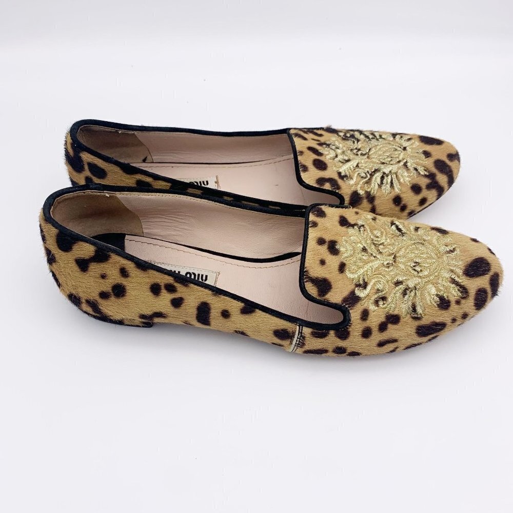 Miu Miu Leopard Print Crest Smoking Flat Calf Hai… - image 2